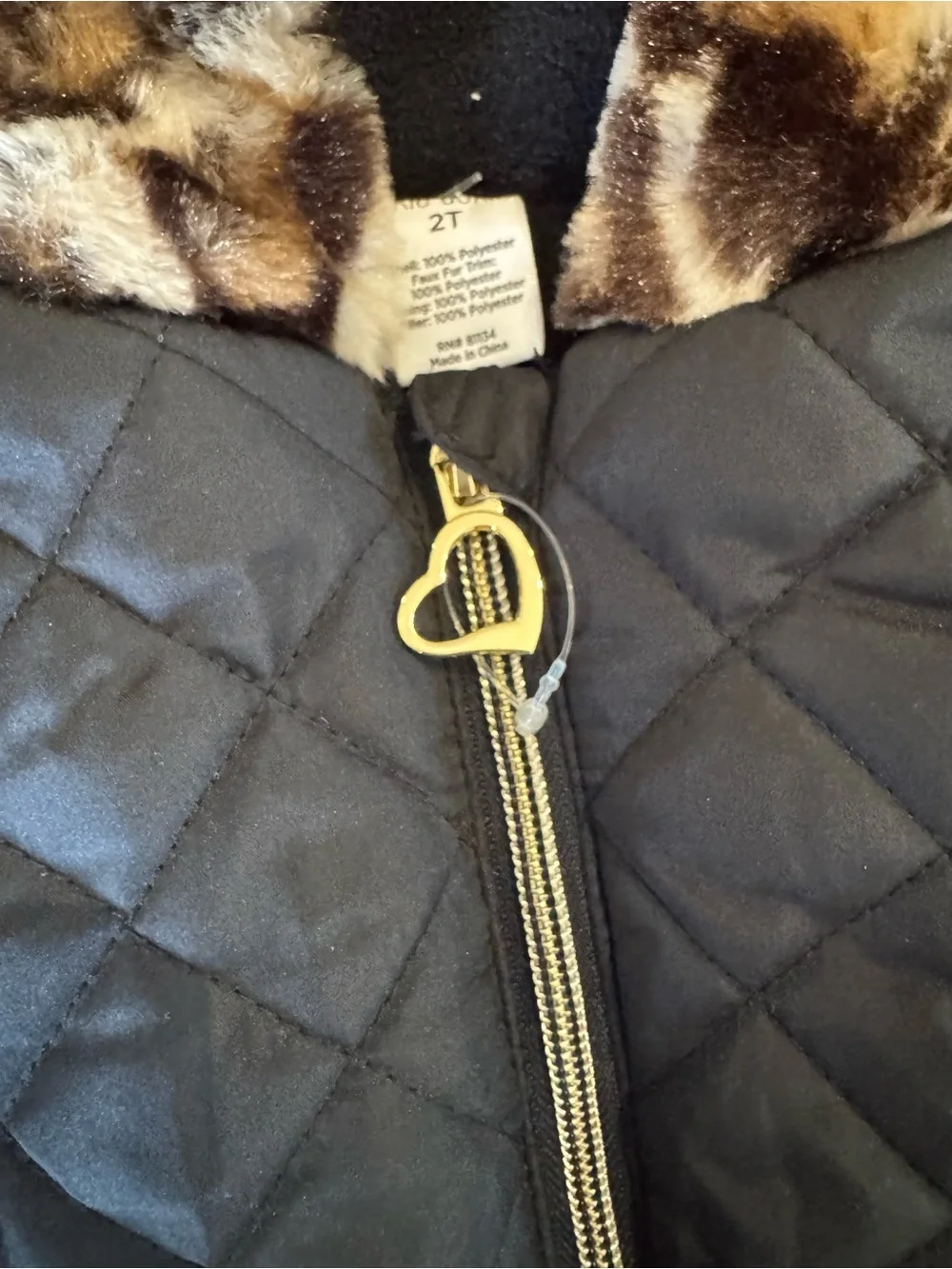okie dokie Black Quilted Puffer Coat with Leopard Trim
